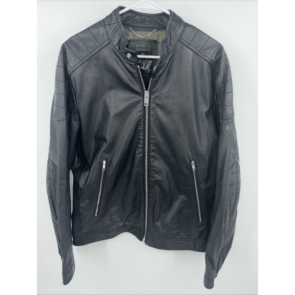 DIESEL Black Leather Moto Racer Jacket Mens XL Patch Bike Riding Racing